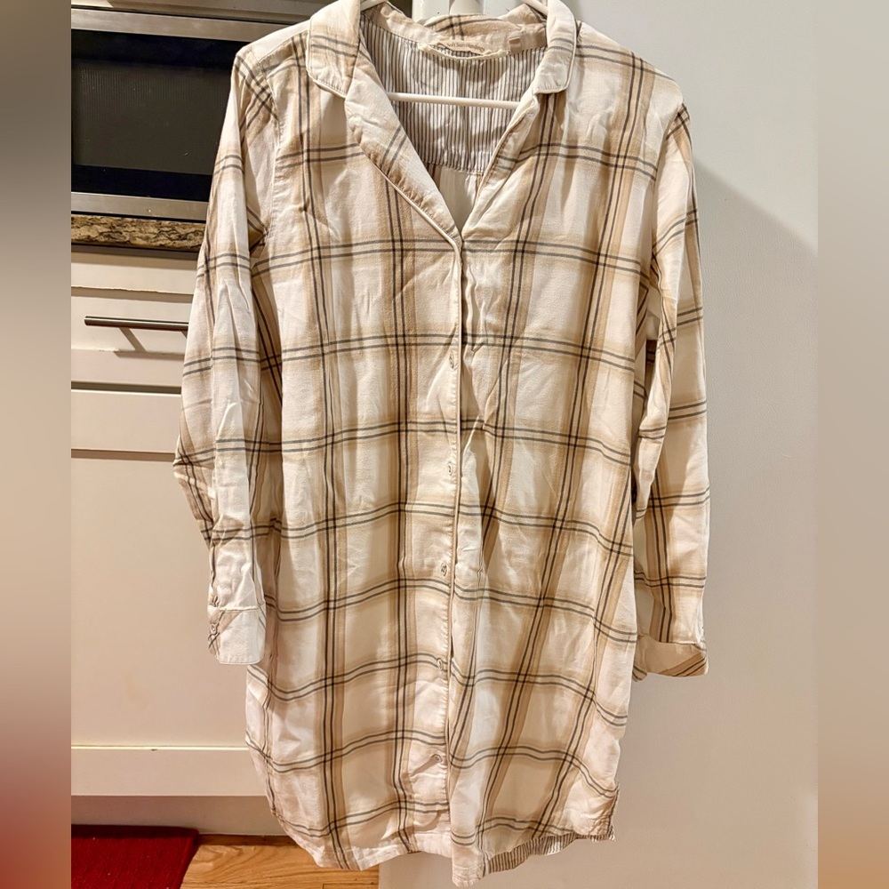 Soft Surroundings Beige Plaid Button Down Tunic Dress